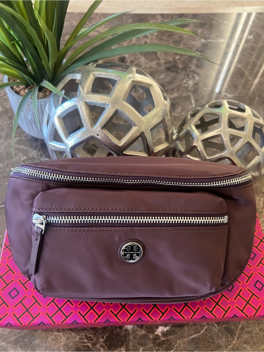 Tory Burch Maroon/Truffle Nylon Belt Bag with Logo